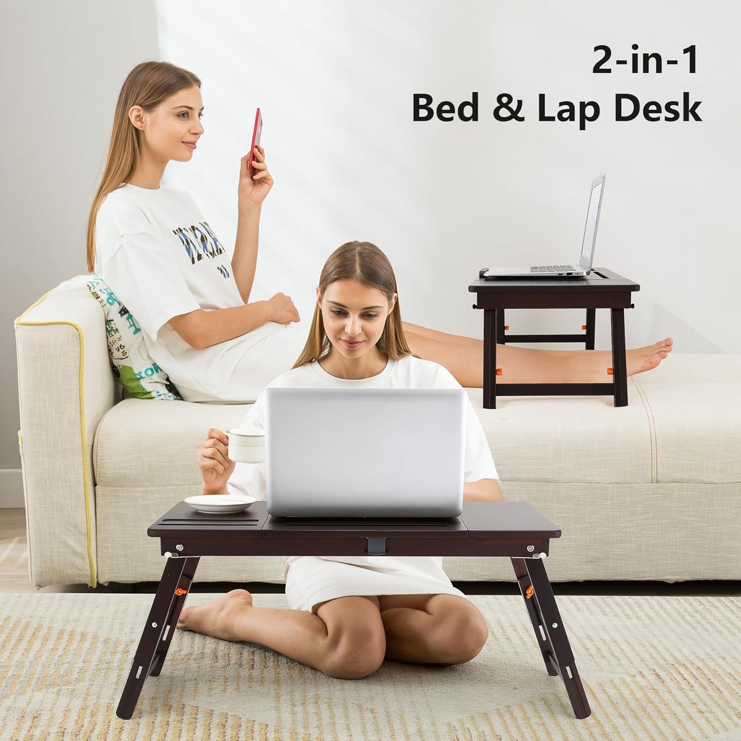 Nnewvante Laptop Bed Desk Bamboo Lap Table with Tablet Slot Height & Angle Adjustable Computer Lap Desk with Drawer Breakfast Serving Tray for Bed Floor, Black Walnut