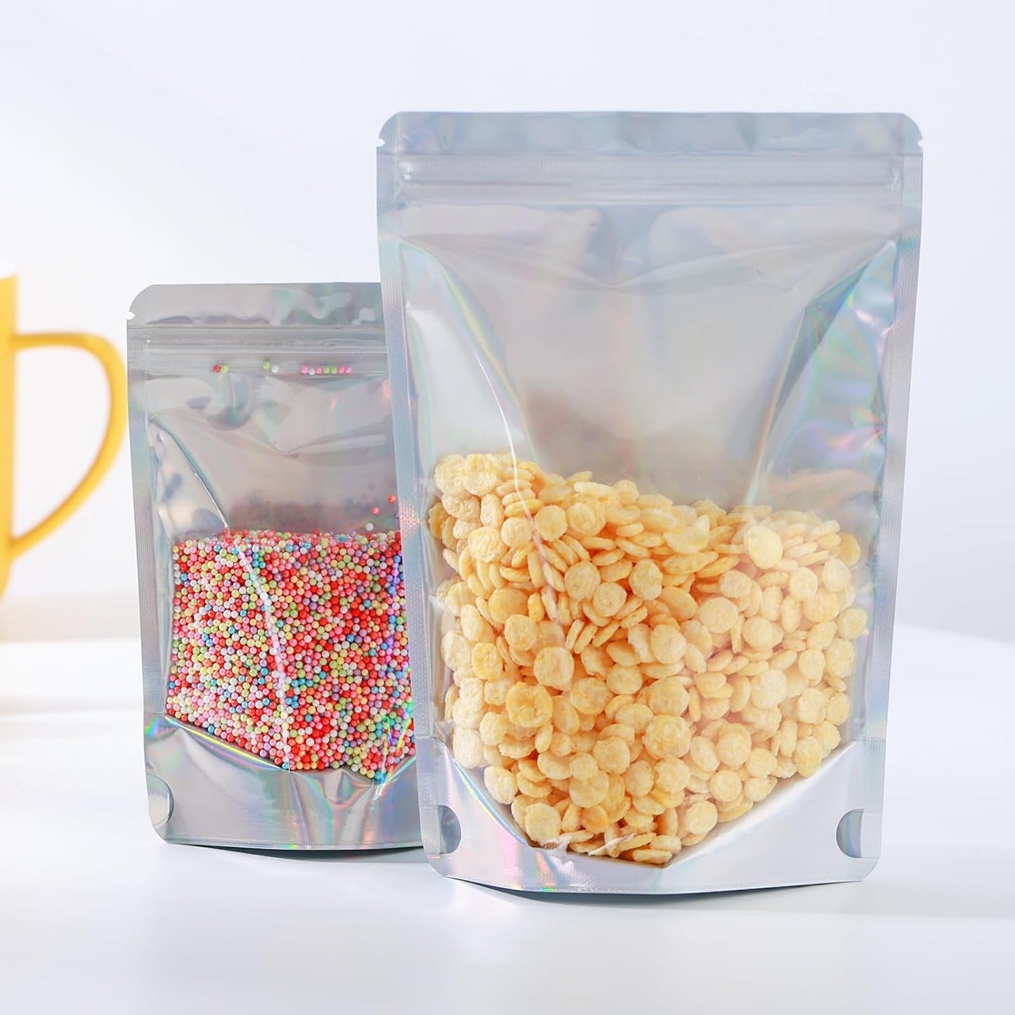 150 Pcs Mylar Bags for Food Storage, 8x12 Mylar Bag with Window Stand Up, Large Holographic Resealable Bags Smell Proof Bag Food Packaging for Small Business Freeze Dried Candy Jewelry Foil Packaging