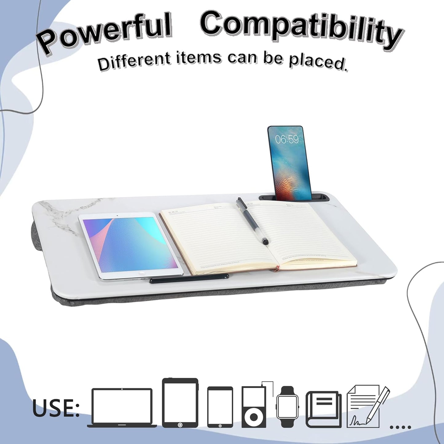 Portable Laptop Desk Fits Up to 16“ Laptops, with Tablet Slot, Built-in Cushion, Great for Home & Office,Lap Desk for Laptop,Lap Desk with Cushion (White Marble, Large)