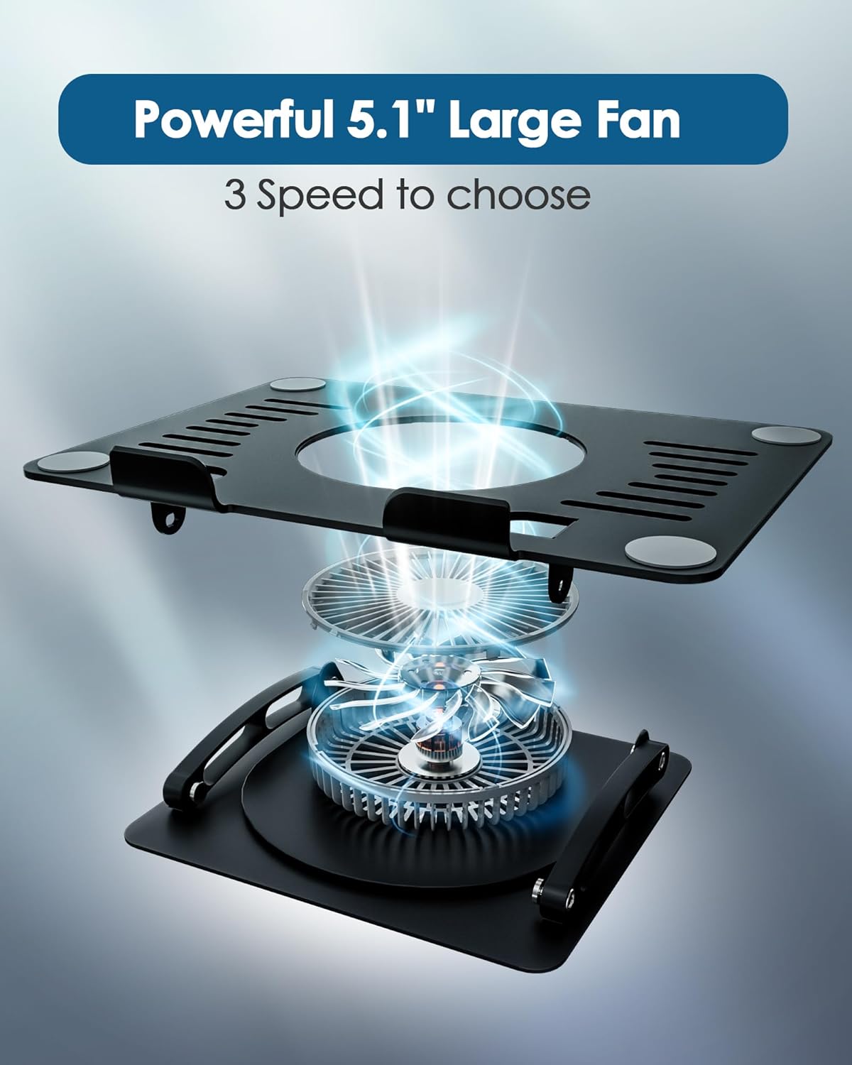 SHUWEI Laptop Cooling Stand with 3 Speed Fan, Adjustable Height & Angle, 360 Rotation Base, Carbon Steel Framework, Ultra-Quiet & Super Sturdy for up to 16”Laptop - Silver