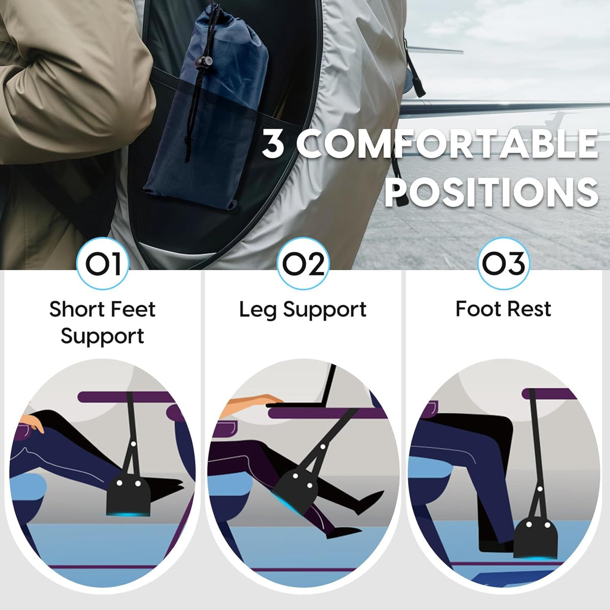 Foot Hammock for Plane Travel, 2-Pack Perfect Airplane Foot Hammock to Relax Your Feet, Portable Airplane Foot Rest with Adjustment Strap, Travel Essentials for Comfortable Long Flight (Blue)