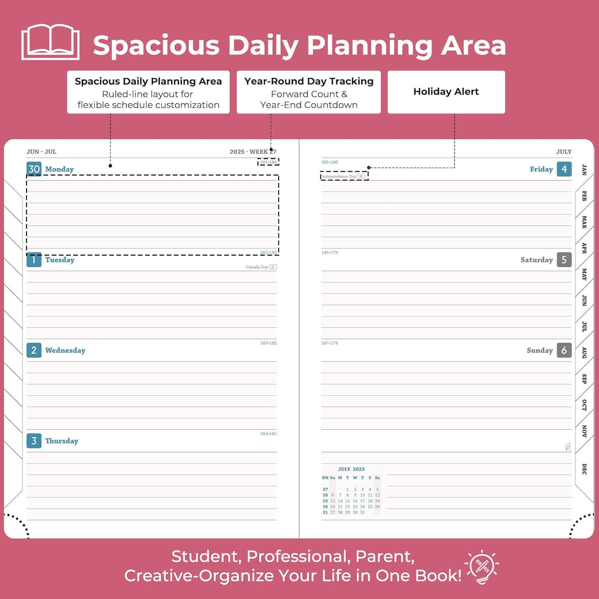 Planner 2025-2026 Daily Weekly and Monthly,11.5"x8.5",18 Months Spiral Bound Calendar Agenda with Self-adhesive Pen Holder,2026 Academic Plan with Vegan Leather Soft Cover,Rose Red