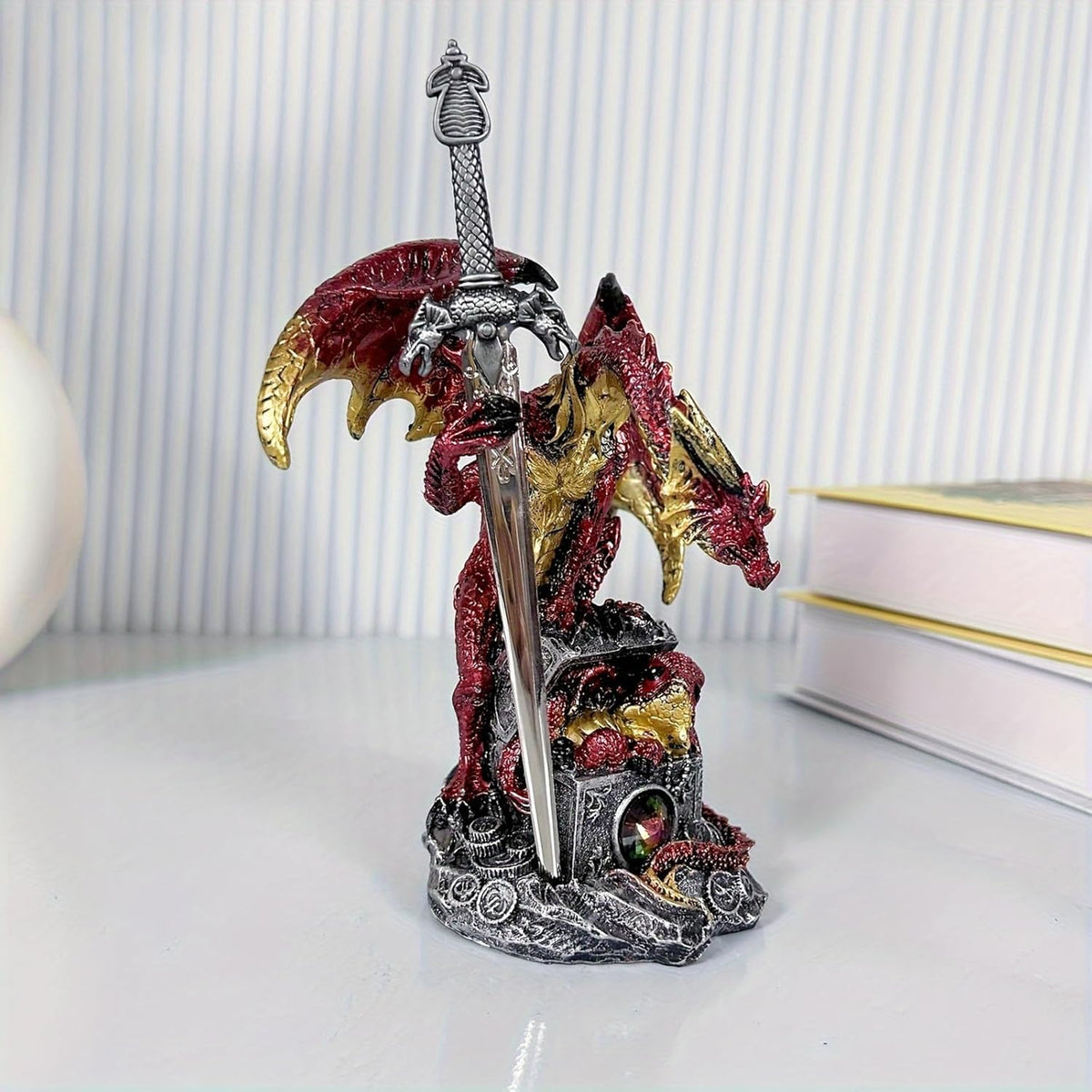 Dragon with Sword Collectible Statue Fantasy Figurine Resin Medieval Dungeons Creative Ornaments for Home,Shelf,Living Room Decor 7.68 Inches (Red)