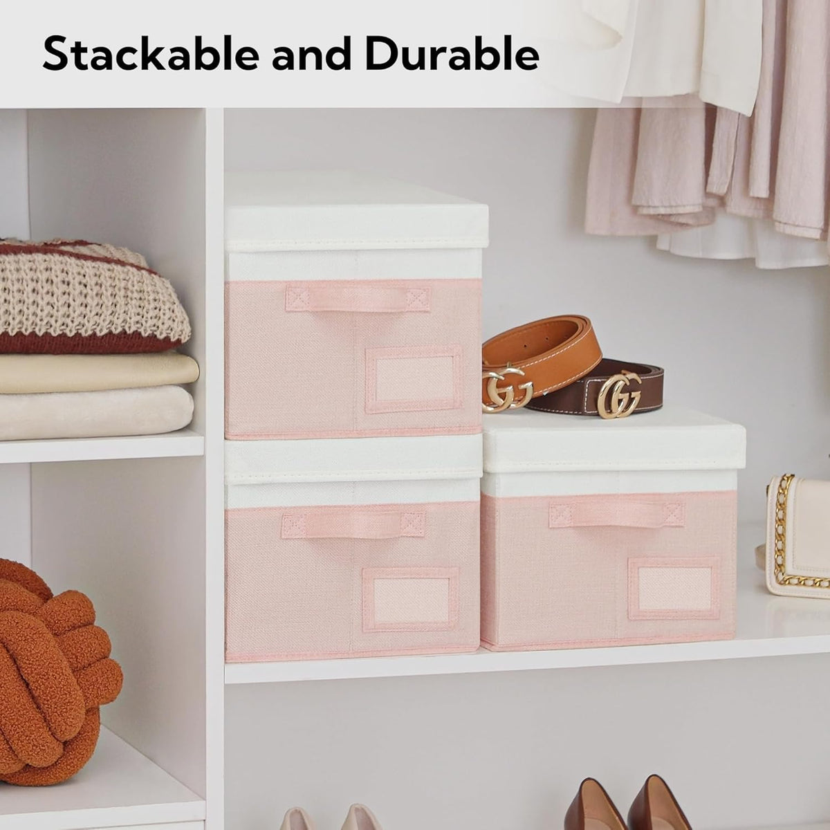 GRANNY SAYS Storage Bins with Lids, Storage Boxes for Organizing, Storage Baskets with Handles, Closet Organizers and Storage, Storage Bins for Shelves, Decorative Storage Boxes, 3-Pack, Pink&Ivory