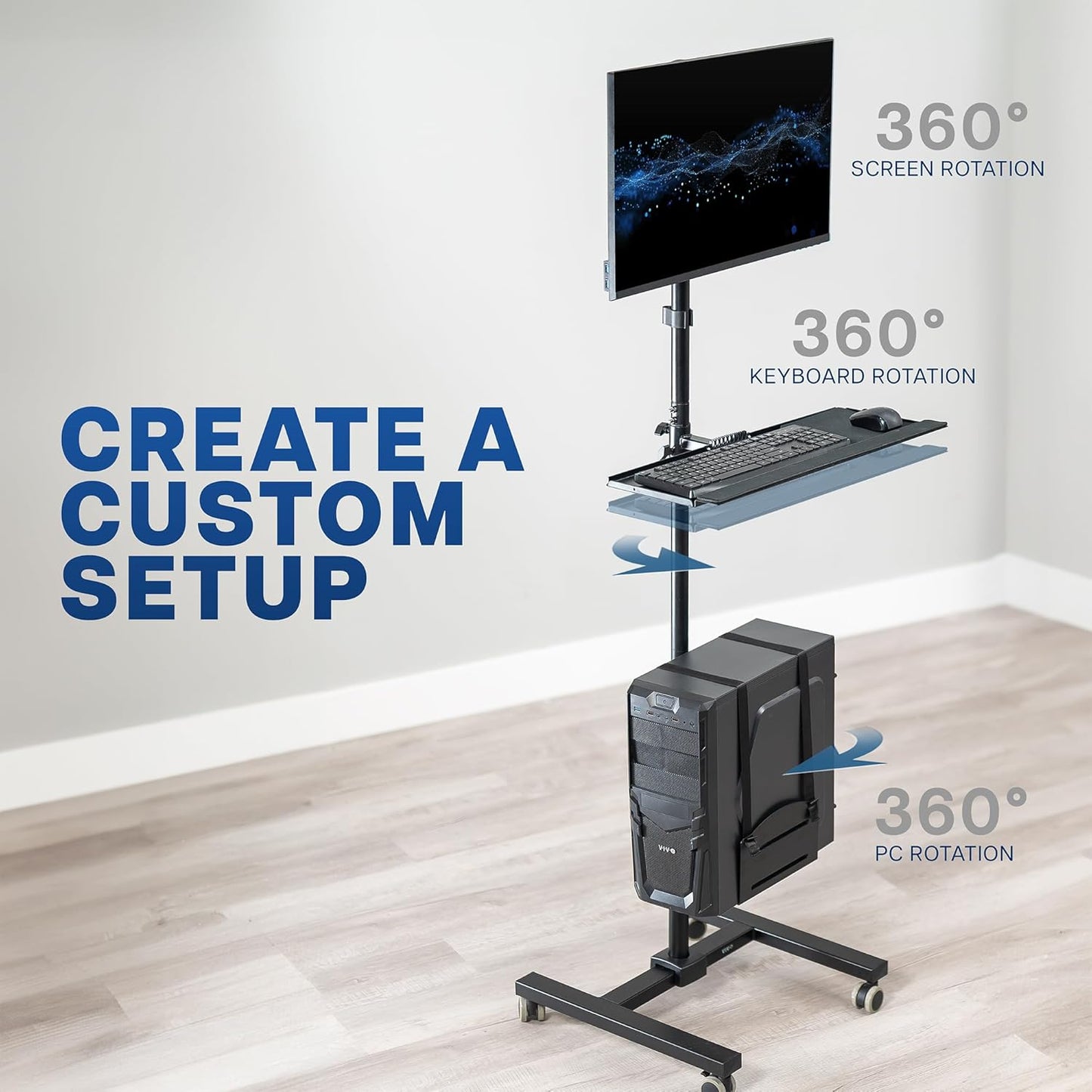 VIVO Mobile Computer Cart with Monitor Mount for up to 32” Screens, Rolling PC Desk Workstation, Full Keyboard Tray, Adjustable CPU Holder, Black, CART-PC02T
