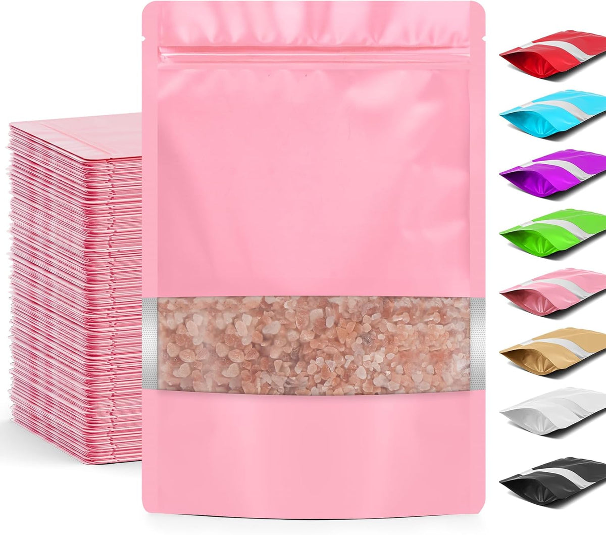 Funfery 100 Pcs Smell Proof Packaging Bags,Mylar Clear Bags for Food Storage,Sealable Bag for Packaging,Stand Up Pouches with Window,ReSealable Bag for Small Business,Cookies,Candy(Pink,4x6in)