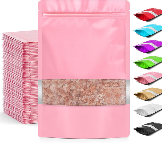 Funfery 100 Pcs Smell Proof Packaging Bags,Mylar Clear Bags for Food Storage,Sealable Bag for Packaging,Stand Up Pouches with Window,ReSealable Bag for Small Business,Cookies,Candy(Pink,4.7x7.9in)