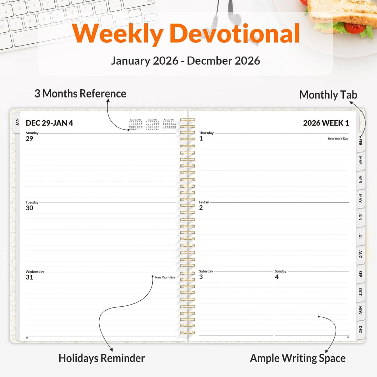 SUNEE Planner 2026 Weekly and Monthly, January 2026-December 2026, 8.5"x11", Tabs, Note Pages,Spiral Binding, Black