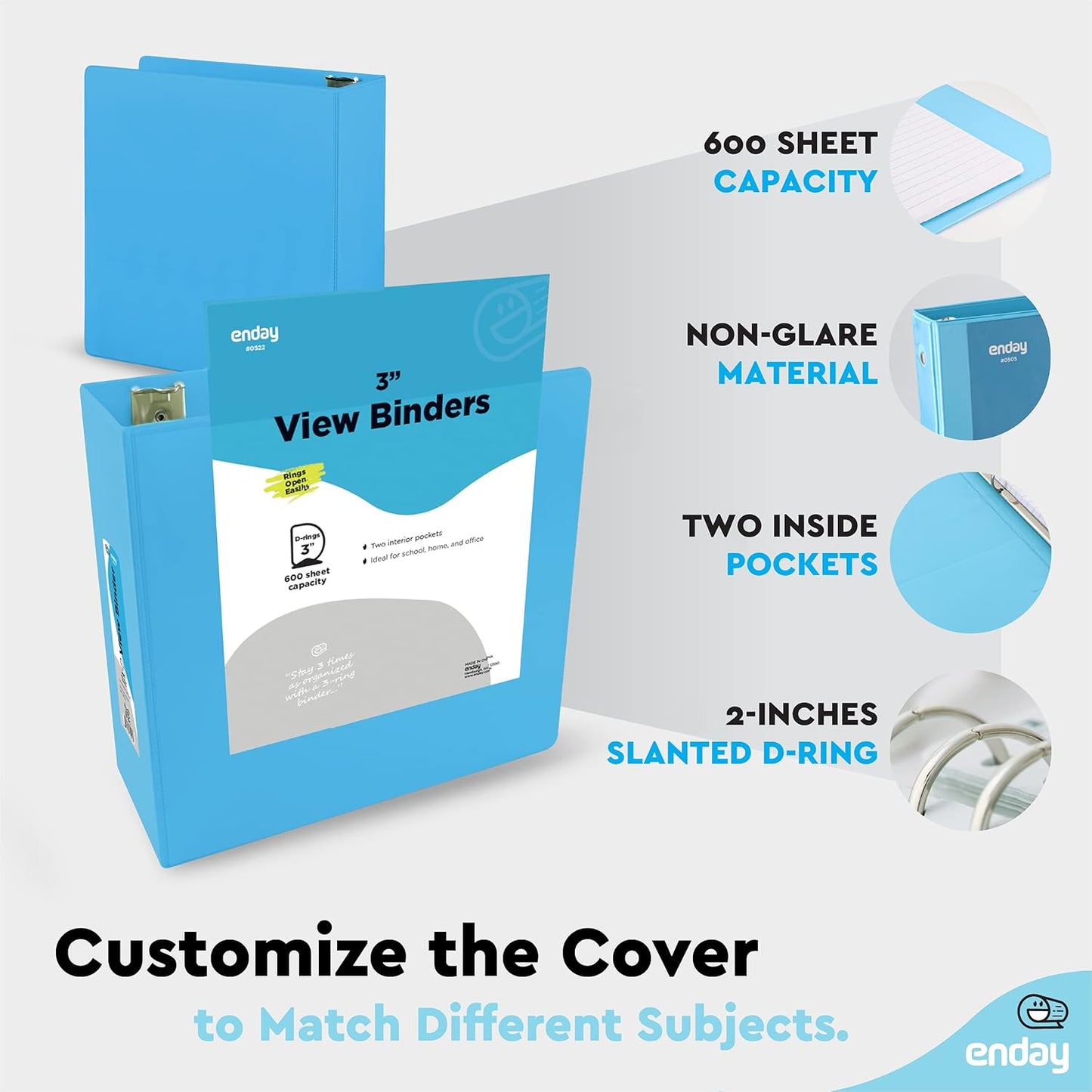 3 Slant D-Ring Binder 3 Inch Blue, 3 in Clear View Cover with 2 Inside Pockets Binder, Heavy Duty Colored School Supplies Binders,Also Available in Green, Grey, Purple, Red, Pink (24 PC) – by Enday