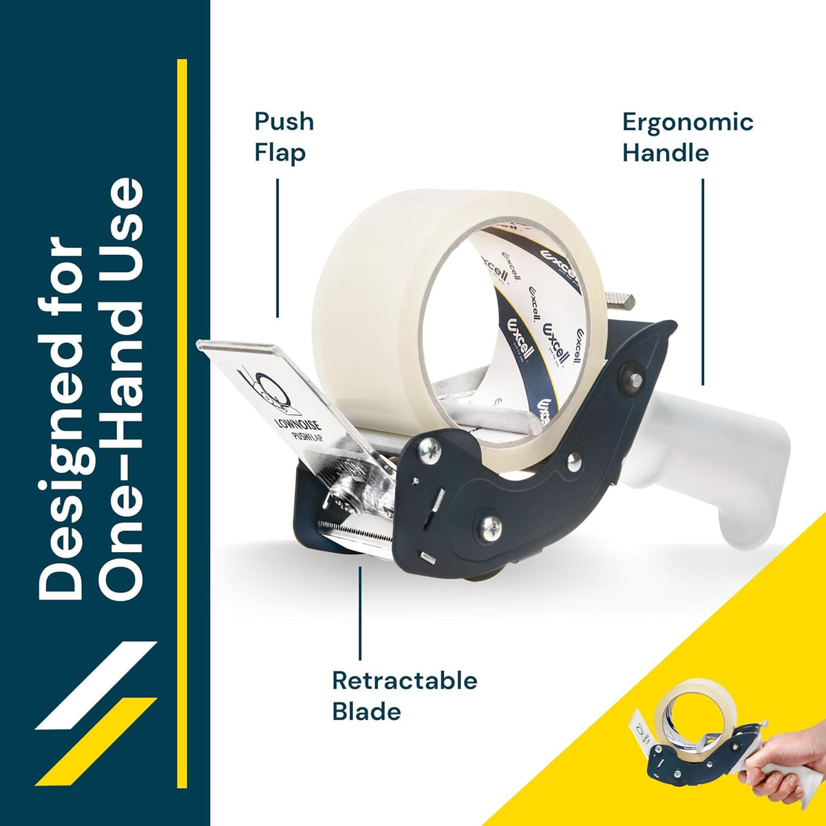 Excell RTS-82891 Low Noise Tape Dispenser, 2" Wide, 3" Core with Pushflap Technology & Static Cling Strip for Quiet, Smooth Carton Sealing - Includes Tape Roll, 1 Pack