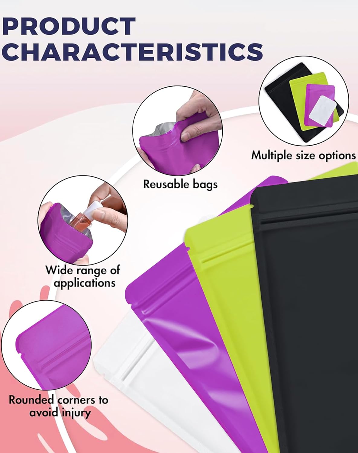 FireKylin 100 Pack Resealable Packaging Bags for Small Business Double-Sided Color Smell Proof Bags for Food Storage Flat Bag (Purple, 7.1" x 10.2")