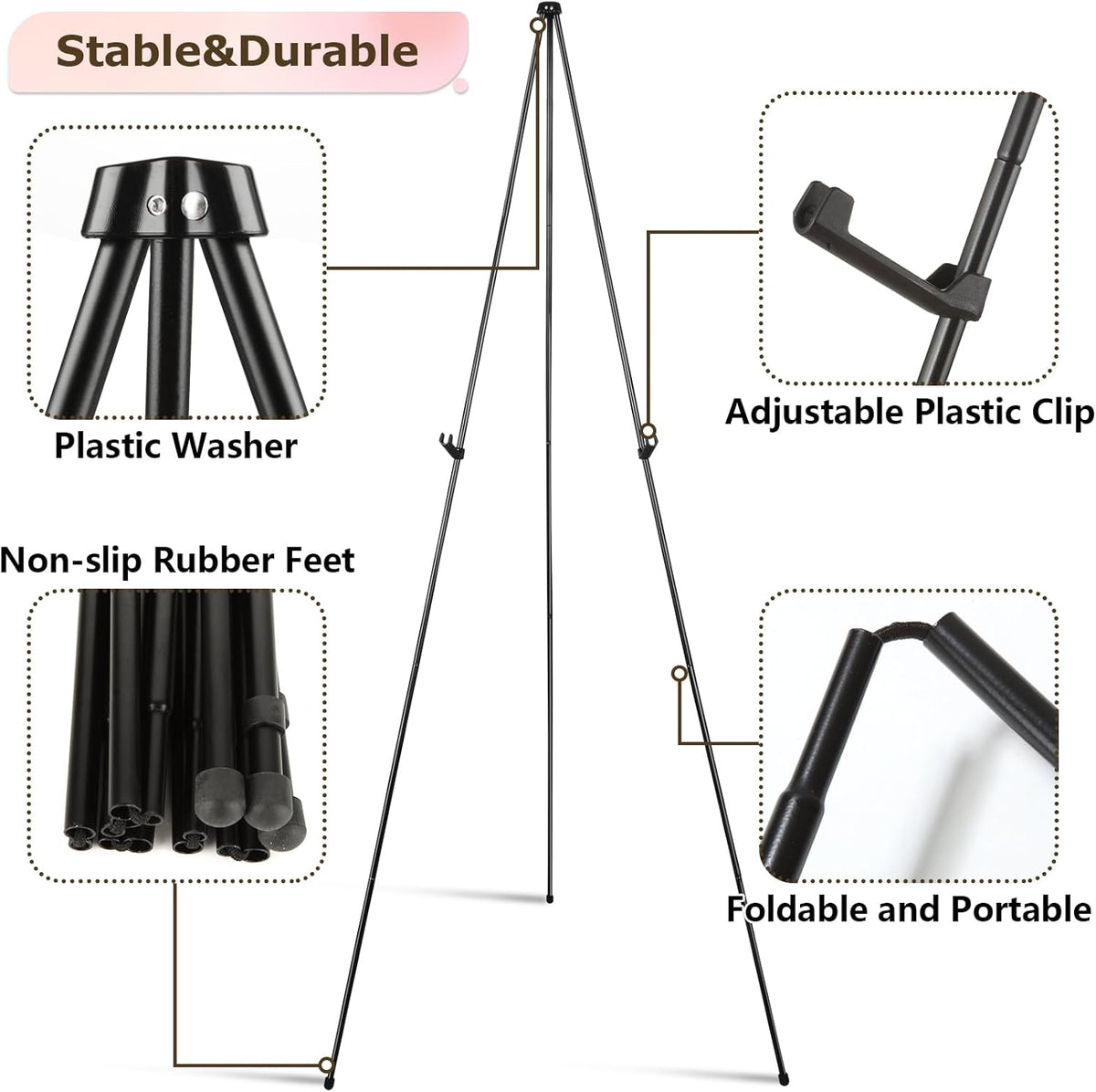 DAJAVE 6 Pack 63 Inch Display Easel Stand, Folding Easels for Display, Portable Tripod Display Easel, Black Adjustable Metal Easel for Wedding Sign, Posters, Painting