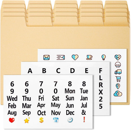 25 Manila Index Card Box Dividers - 3x5" with Tabs & 108 Stickers, Monthly & Recipe Guides, Greeting Card Dividers