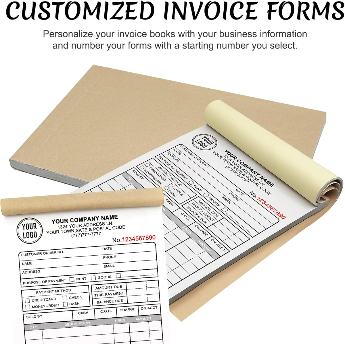 Custom Invoices Receipt Book for Small Business Personalized 2-Part Duplicate Carbonless Logo Receipt Books Sales Payment Forms with Company Name Address Phone Number 100 Sets 2.83" x 7"
