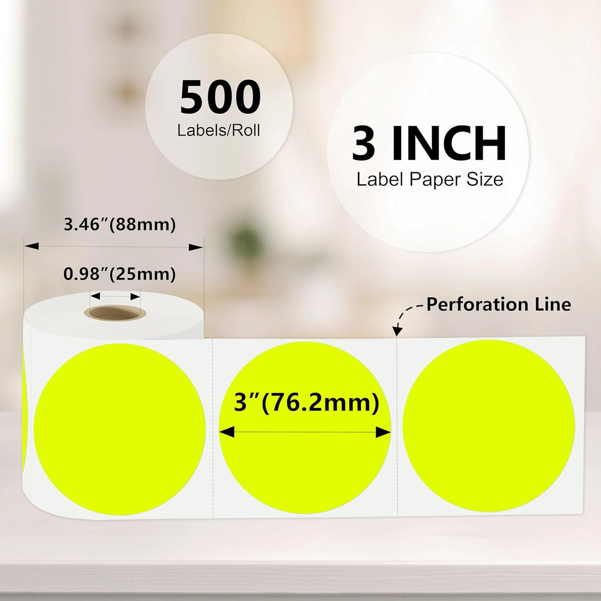 3 X 3 Inch Color Coding Dot Labels Circle Thermal Printable Waterproof 2000 Pcs Round Stickers Adhesive Writable for Office, Home, Garage, DIY Sticker, Barcodes, Name Tag, Fluorescent Yellow