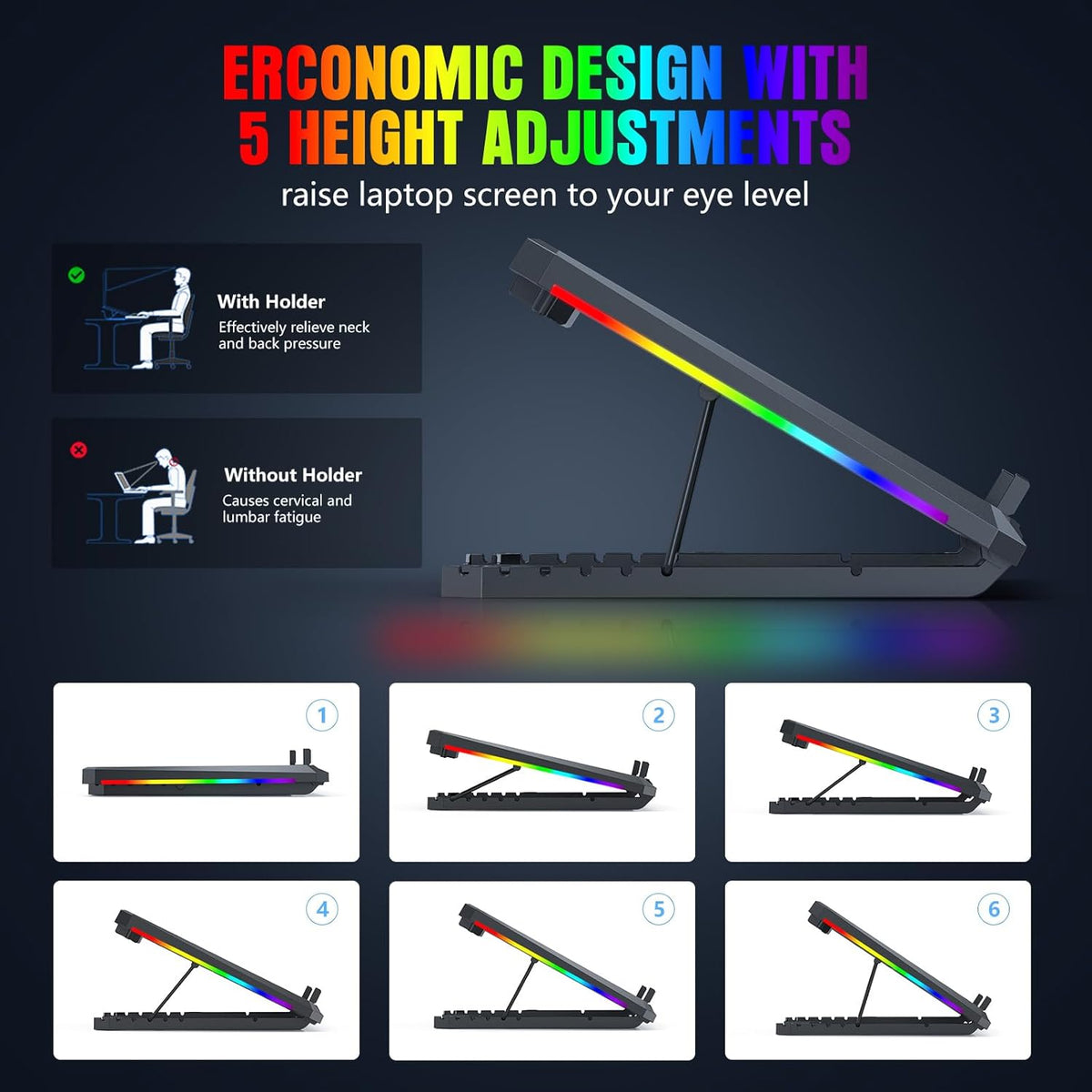 Laptop Cooling Pad with 12 Quiet Fans, Slim Portable for 12-17.3 Inch Laptop Cooler Stand, RGB Lighting, with 5 Height Adjustable, Gaming Cooling Fan Pad, with Two USB Ports Holder (LCD)