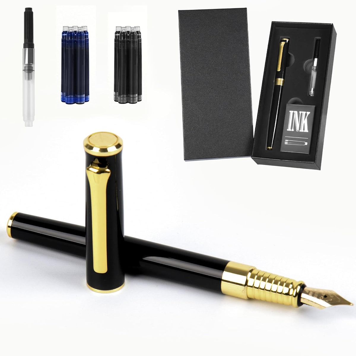 Black Fountain Pen Set, Medium Nib, Includes 10 Ink Cartridges, 2 Ink Refill Converter and Premium Gift Box, Luxury Pen Perfect for Men and Women