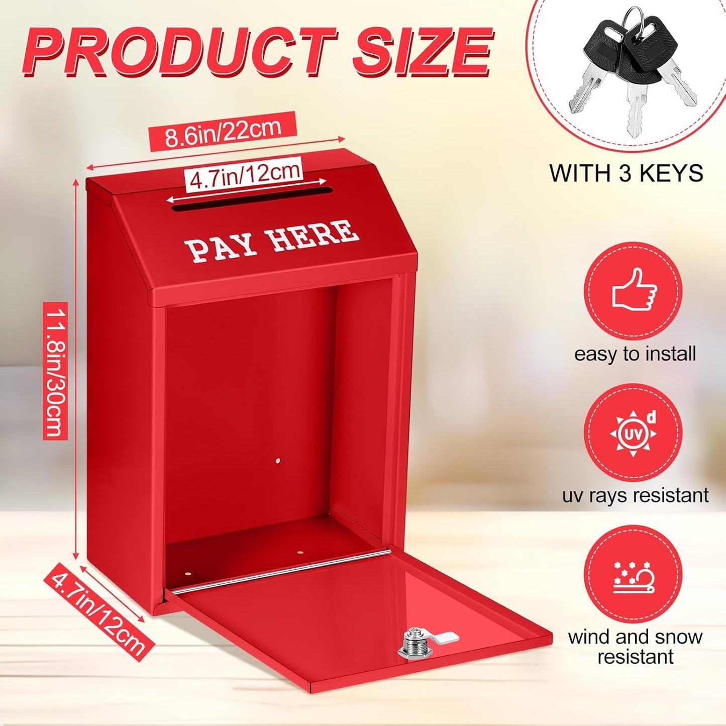 Safe Cash Box Money Collection Metal Donation Box with Lock Wall Mount Pre Drilled Mailbox Delivery Ballot for Home Office Outdoor Self Serve Stand(Red,11.8 x 8.6 x 4.7 Inch)