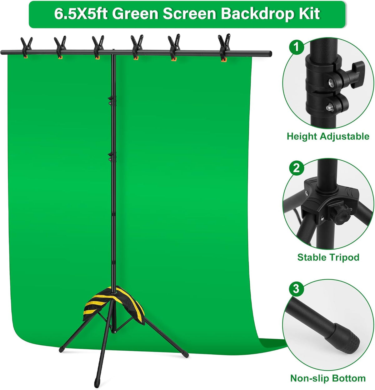 Green Screen Backdrop Kit 6.5X5ft,Portable greenscreen Background with Stand,Adjustable T-Shape Photo Backdrop Stand for Photography, Streaming,Video,Studio,Party,Zoom