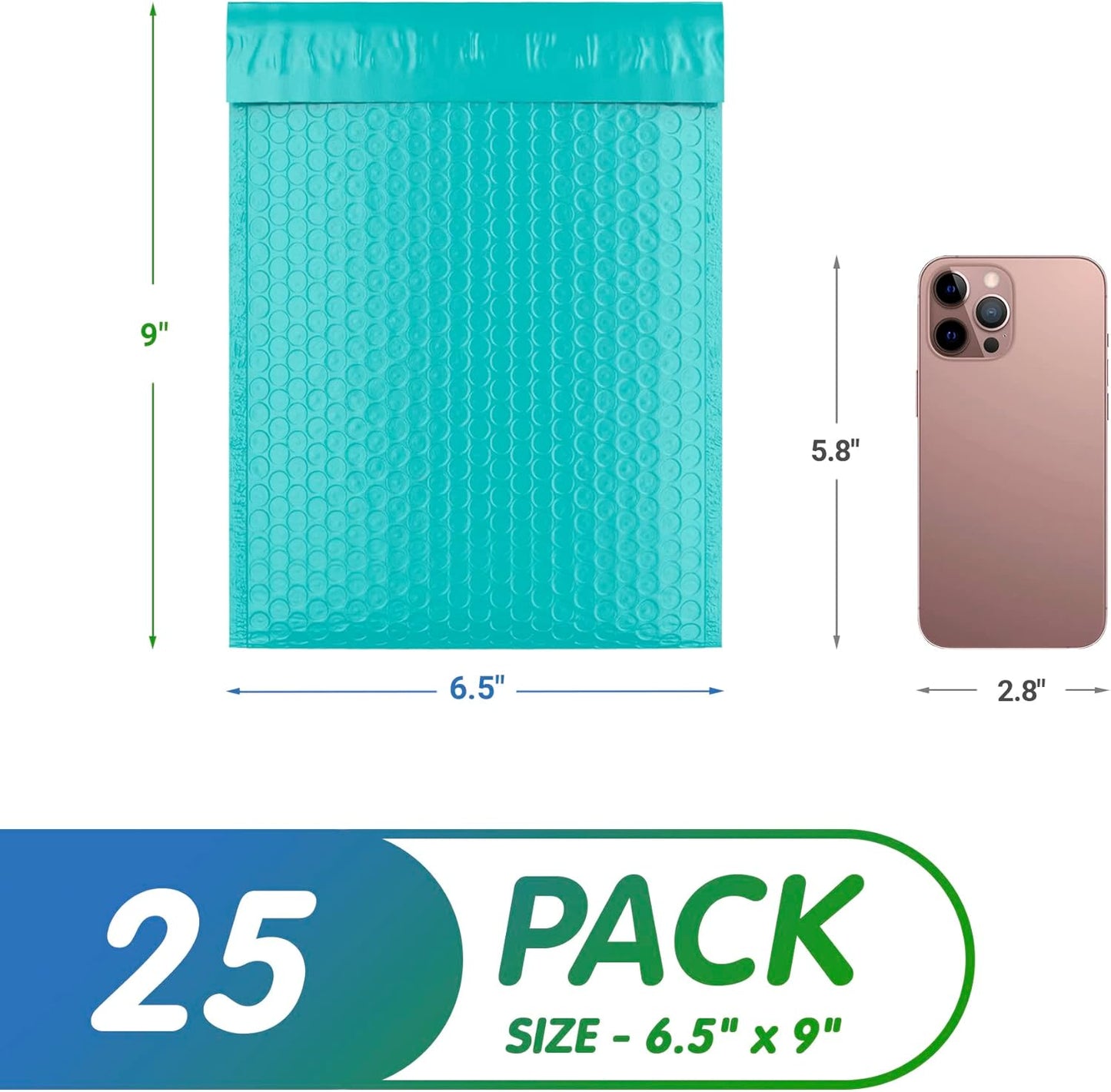 Teal Poly Bubble Mailers Self Seal, 6.5 x 9 Inch. Pack of 25 Bubble Packaging Envelopes for Shipping. Durable Padded Envelopes Waterproof. Self Seal Padded Mailers. Shipping Packages