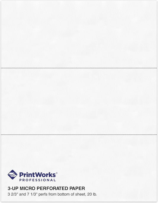 PrintWorks Professional 3 Part Perforated Paper 8.5” x 11” - Perfect For W-2, 1099, & Statement Use - Made in the USA - 500 Sheets - 24 lb - Printer Compatible - White (04122)