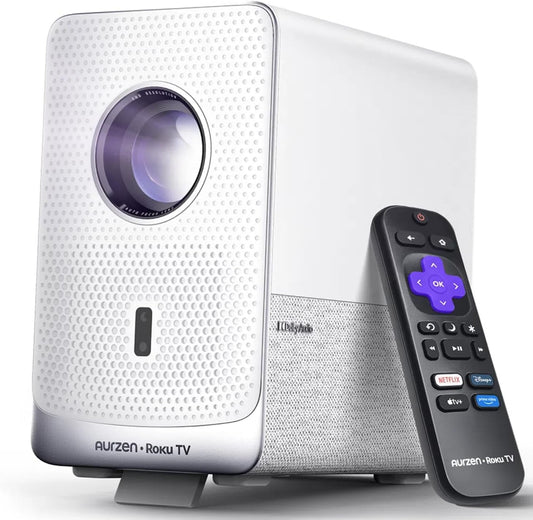 Aurzen Roku TV Smart Projector with Wifi and Bluetooth, D1R Cube Roku Streaming Experience Built-in, Sealed Optical Engine, 1080P FHD, Dolby Audio, Portable Mini Projector for Home/Outdoor Movies