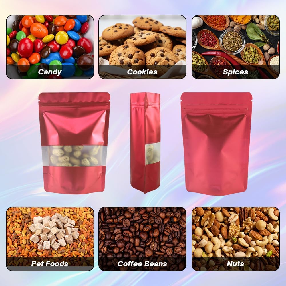 4CP 100 Pcs Red Zipper Smell Proof Bags with Window, 5.5x7.9 Inch Stand Up Foil Pouches for Food Selfsealing Storage, Reusable Bag for Packaging Small Business, Cookies, Nunt, Candy