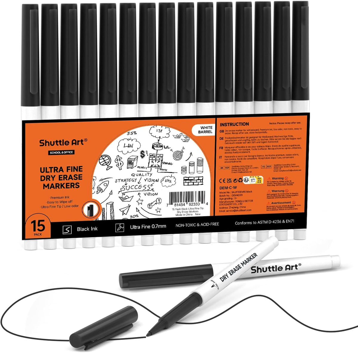 Shuttle Art Ultra Fine Dry Erase Markers, 15 Pack Black Whiteboard Markers with Erase, Dry Erase Markers Perfect For Writing on Whiteboards, Dry-Erase Boards,Mirrors for School Office Home