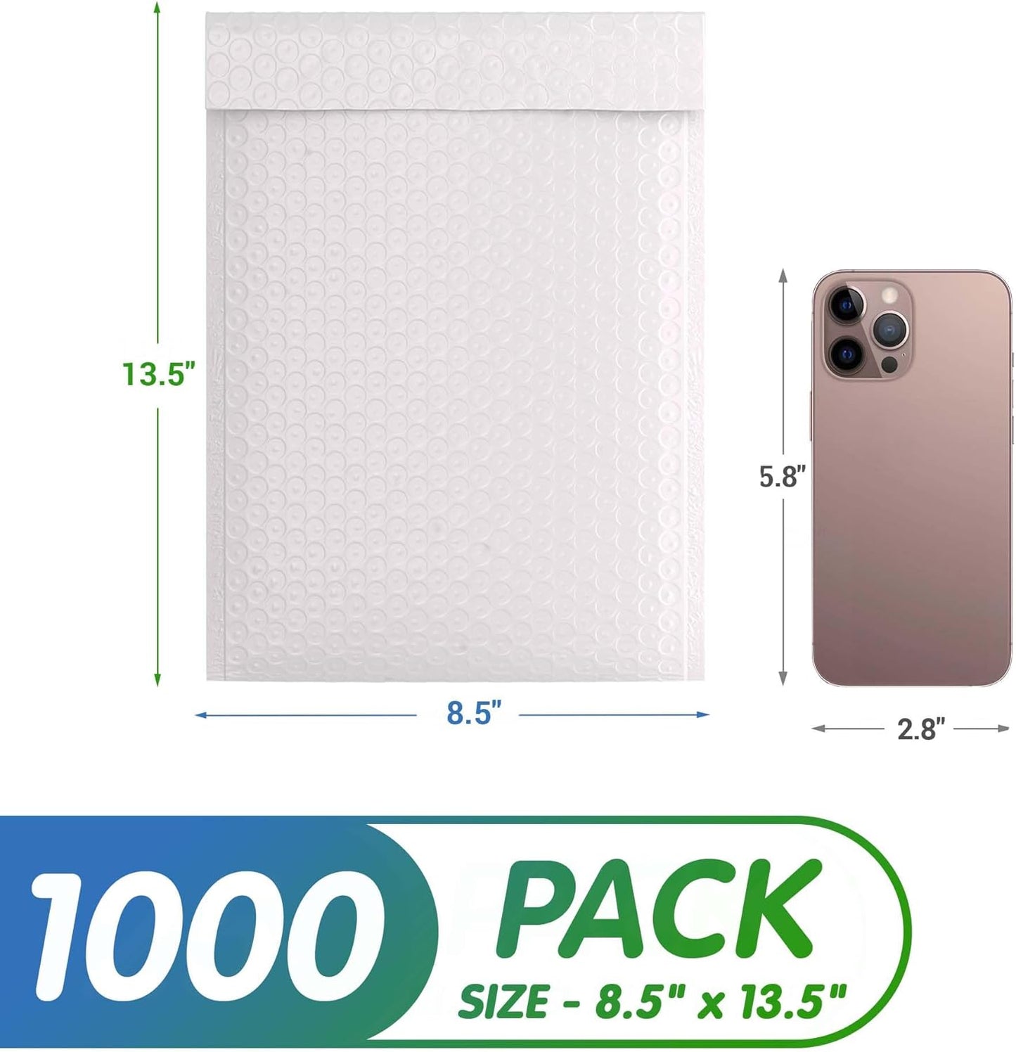 White Poly Bubble Mailers Self Seal, 8.5 x 13.5 Inch. Pack of 1000 Bubble Packaging Envelopes for Shipping. Durable Padded Envelopes Waterproof. Self Seal Padded Mailers. Shipping Packages