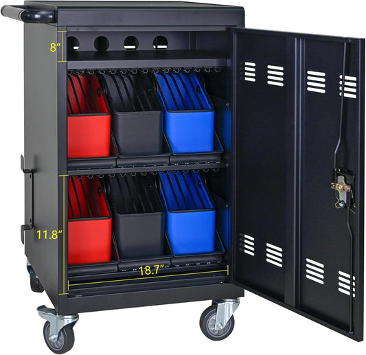 32 Device Charging Cart for Laptops and Tablets Up to 16.3-inch, Mobile Charging Station, Secure Storage and Cable Management, Mobile Charging Cabinet for Ipads, Chromebooks, Black