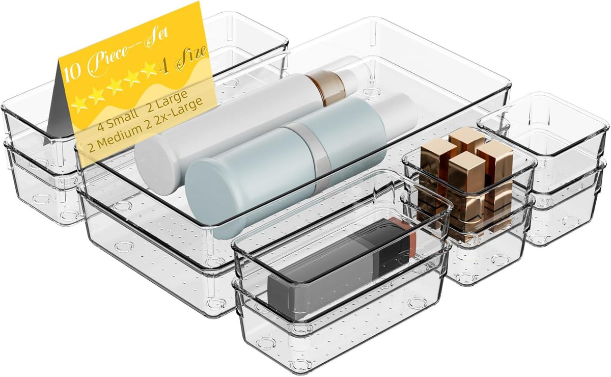 10 PCS Clear Plastic Drawer Organizer Set, 4 Sizes Acrylic Drawer Storage Trays Non Slip Storage Bins for Makeup, Jewelry, Gadgets for Kitchen, Bedroom, Bathroom, Office