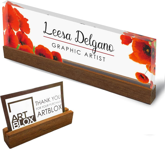 Artblox Office Personalized Name Plate for Desk with Business Card Holder On Clear Acrylic Glass Poppy Flowers Design Custom Desk Name Plate with Your Name and Credentials Customized Gift