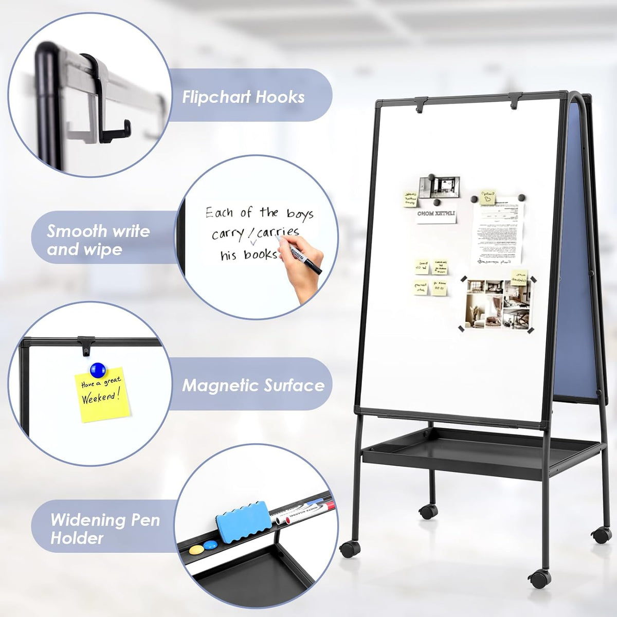 MAKELLO Rolling White Board on Wheels 36x24 in, Double-Side Standing Whiteboard Cork Board Combo with Storage Tray for Office Classroom Commerce, Height Adjustable, Aluminum Frame, 3'x2'