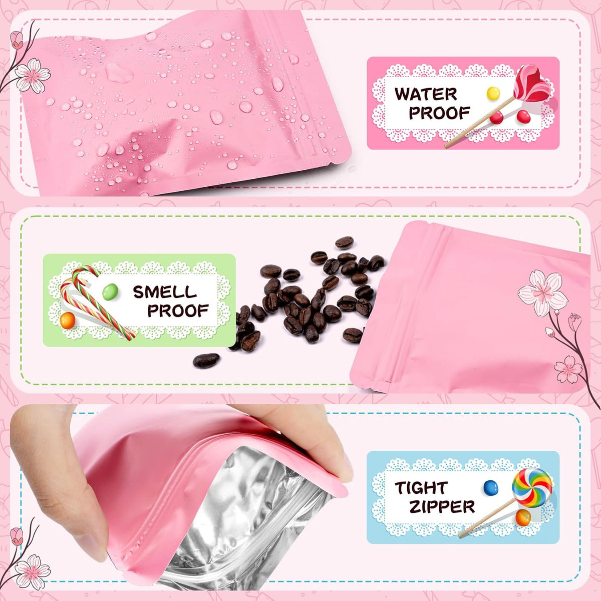 Funfery 100 Pack Pink Mylar Packaging Bags Resealable Bags Double Sided Color Odor Proof Pouch Baggies Smell Proof Foil Bag for Food Storage,Small Business(Pink,3.1x5.1inch)