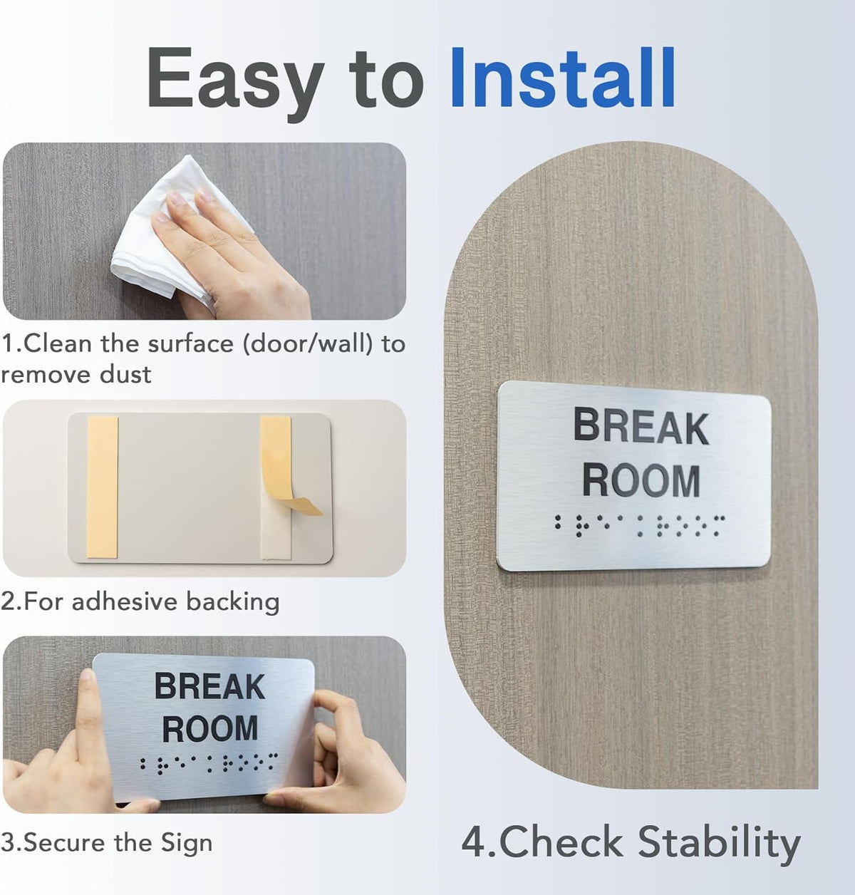 Break Room Signs with Raised Text & Grade 2 Braille, Brushed Aluminum/Silver Finish Easy Install with Double-Sided Tape, ADA Compliant Break Room Door Sign for Businesses & Offices