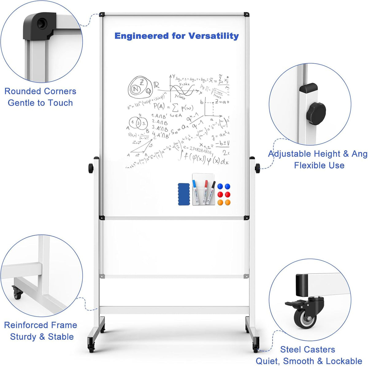 Rolling Whiteboard on Wheels, Double-Sided Magnetic Dry Erase Board with Stand, Mobile White Board for Office, Classroom, Home (28" x 40")
