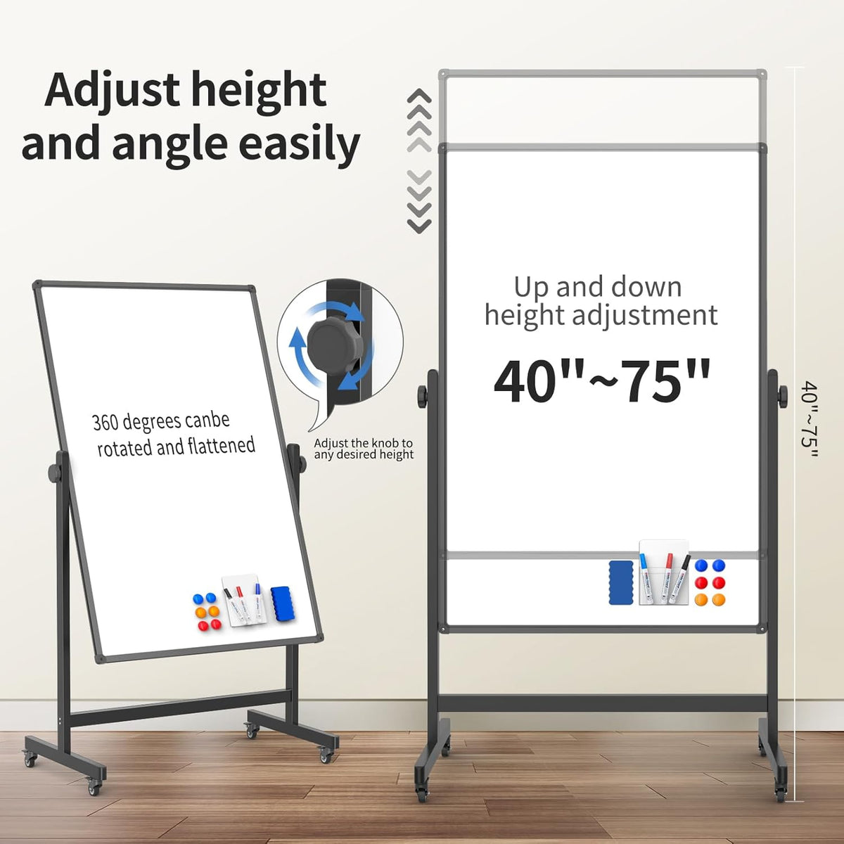 Rolling Whiteboard 40x28 Inches - Adjustable Height Standing Easel Whiteboard on Wheels for Home, Office, Classroom Black