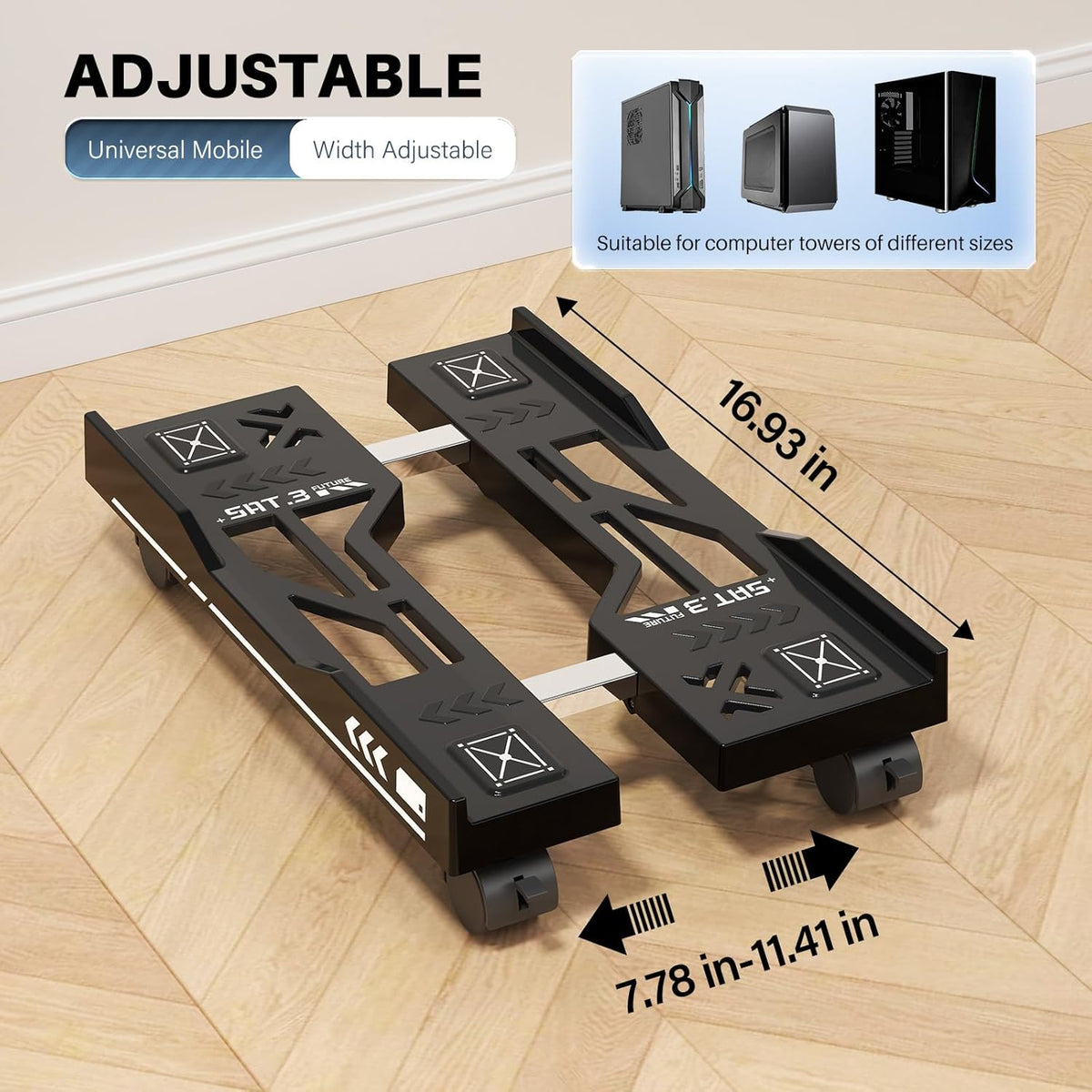 Adjustable Computer Tower Stand, Mobile PC Stand for Floor with 4 Locking Caster Wheels Fits Most PC, Under Desk CPU Holder for Office, Gamers and Students (Black)