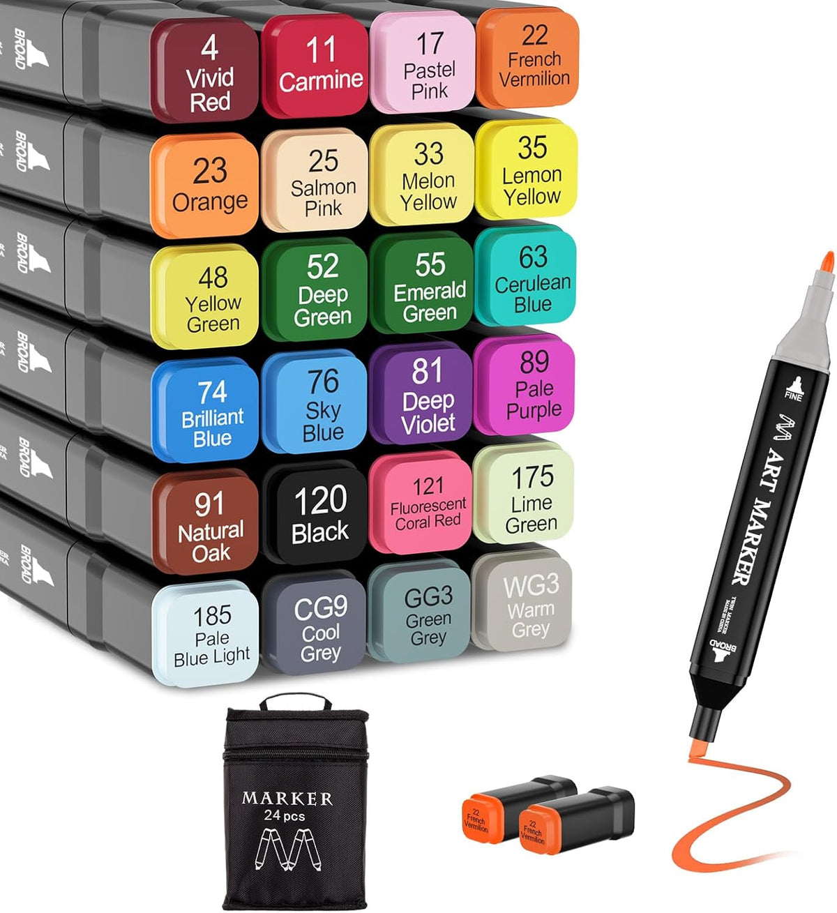 Banral Alcohol Markers, 24 Colors Dual Tip Alcohol Based Art Marker Set for Artists Adults, Permanent Drawing Pens for Adult Coloring Sketching Illustration