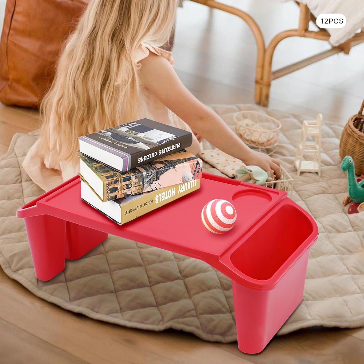 12 Pack Kids Lap Desk Tray with Storage Slots, Portable Lap Desk, Activity Tray, Drawing, Stackable, Writing, Eating, Classroom, 19.69" L x 9.84" W x 7.1" H (Red)
