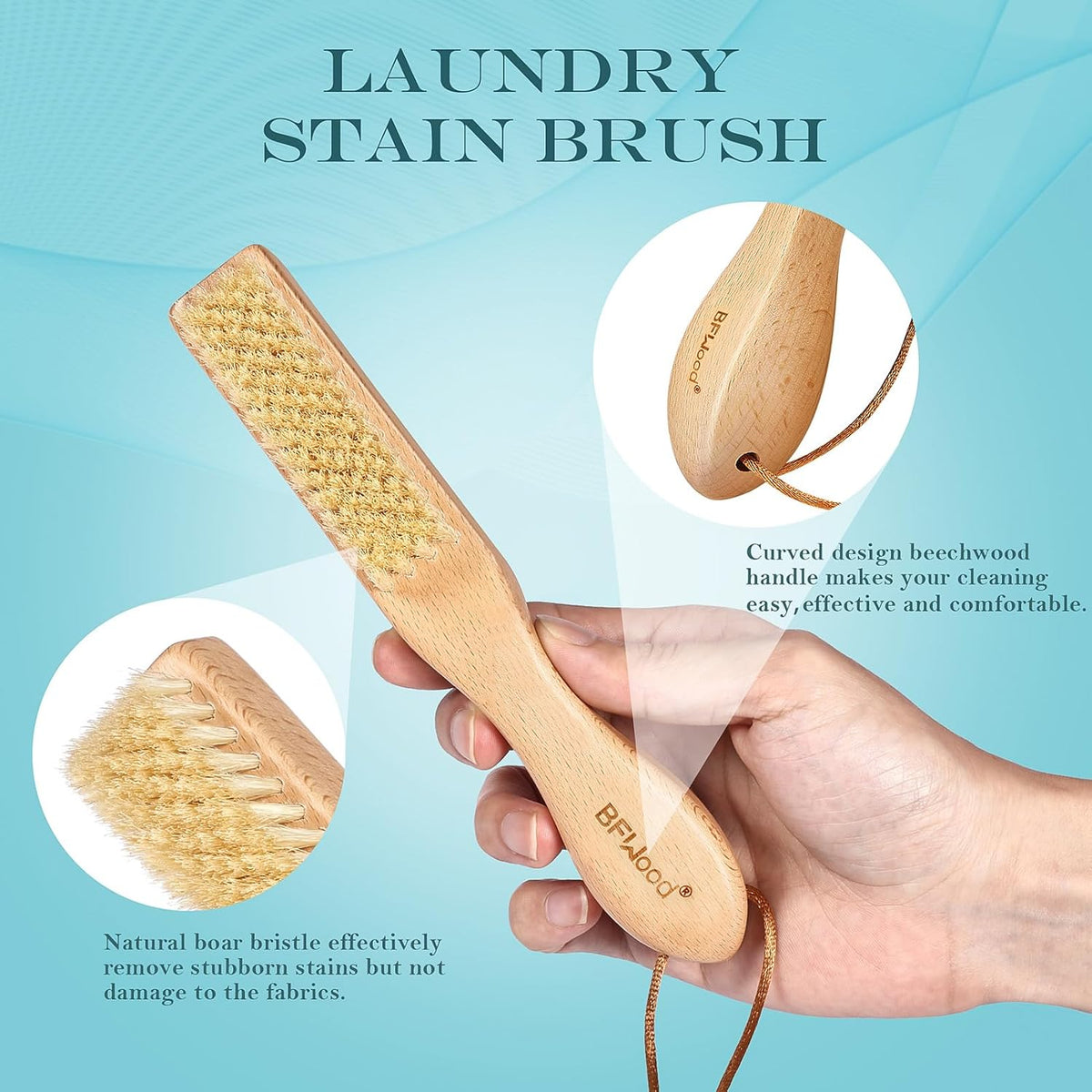 BFWood Laundry Stain Brush, Large Natural Soft Boar Bristles, Removes Tough Stains from Delicate Fabrics Like Knits, Cotton, and Linens, Gentle on Fabrics, No Damage