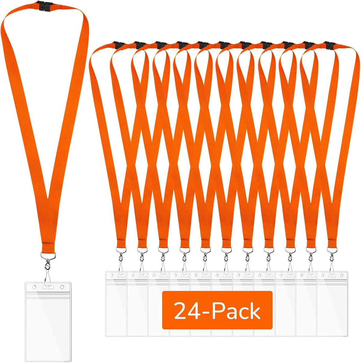 24-Pack Orange Breakaway Lanyards with Waterproof Badge Holders, Metal Hook, Polyester Neck Straps for ID Cards, Events, Office, and Schools