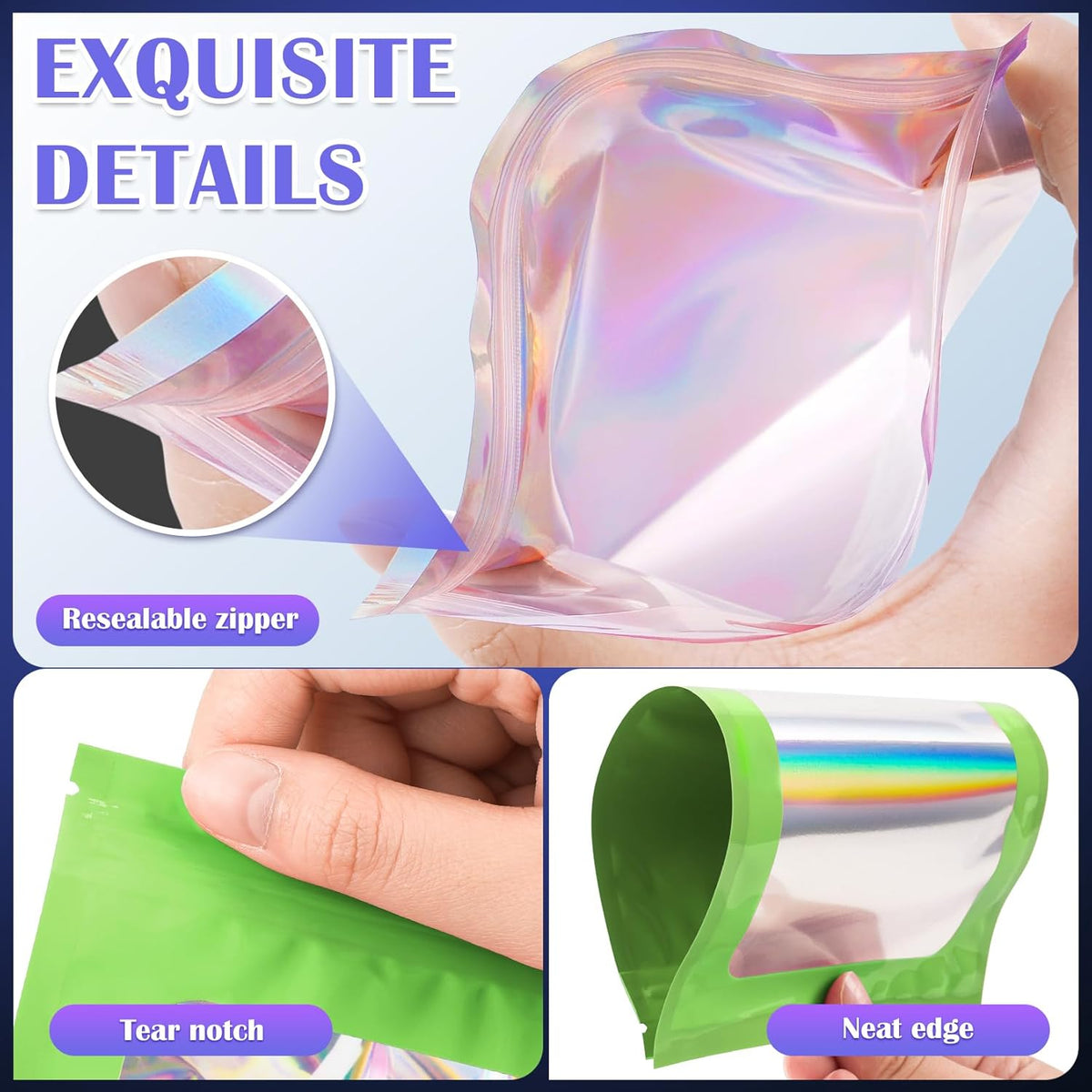 300 Pcs Mylar Bags, Smell Proof Bags Foil Pouch, Holographic Resealable Bags for Small Business, Candy Sample Jewelry Bag Sealable Packaging for Party Favor Food Storage ((2.8x3.9in-Green)