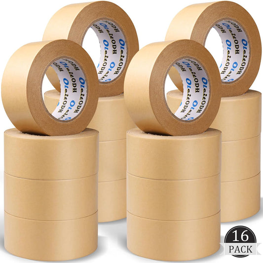 16 Pack Brown Paper Packing Tape, Kraft Paper Tape Bulk 2" x 55 Yardx 7 mil Gummed Tape for Marking, Sealing Box, Masking, Shipping, Strong Adhesive Easy-to-Tear Waterproof Tape