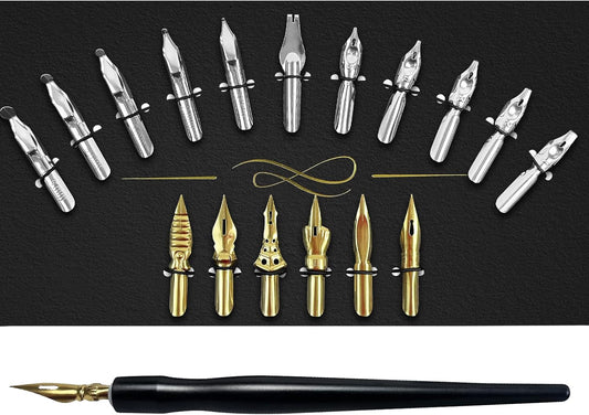 Calligraphy Pens Set - 17 Pieces Stainless Steel Calligraphy Pen Nibs with 1 Piece Nib Holder for Writing Painting Signing