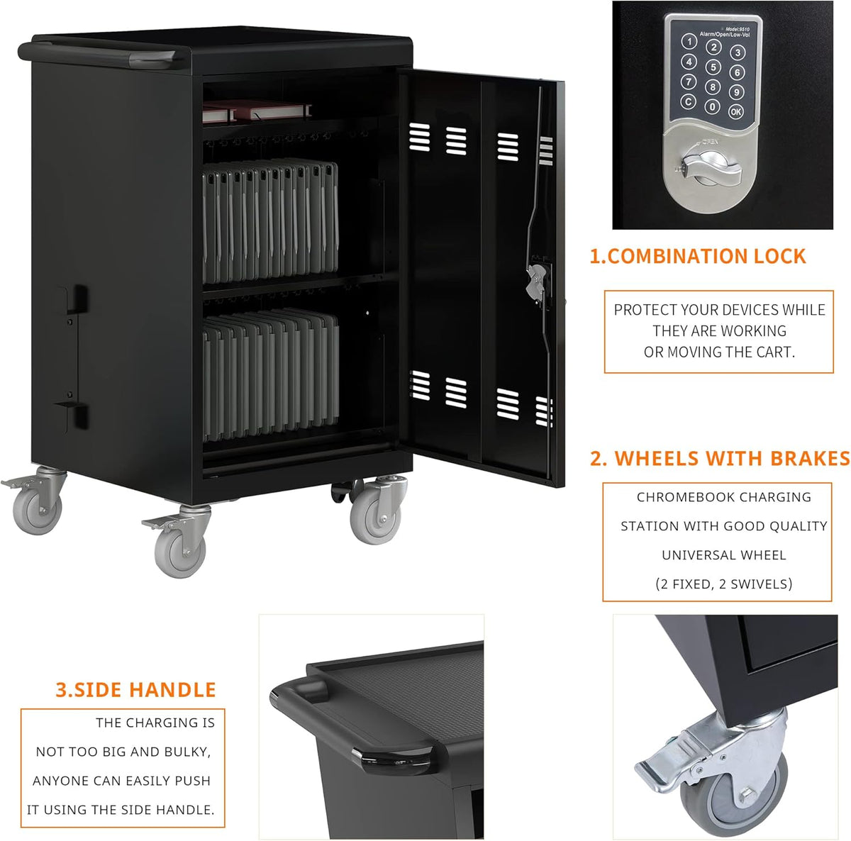 32 Device Mobile Charging Cart with Combination Lock, Mobile Ipad Cart for iPads, Chromebooks and Laptop Computers, Locking Charging Station with Lock & Key for The Front Back Door, Surge Protection