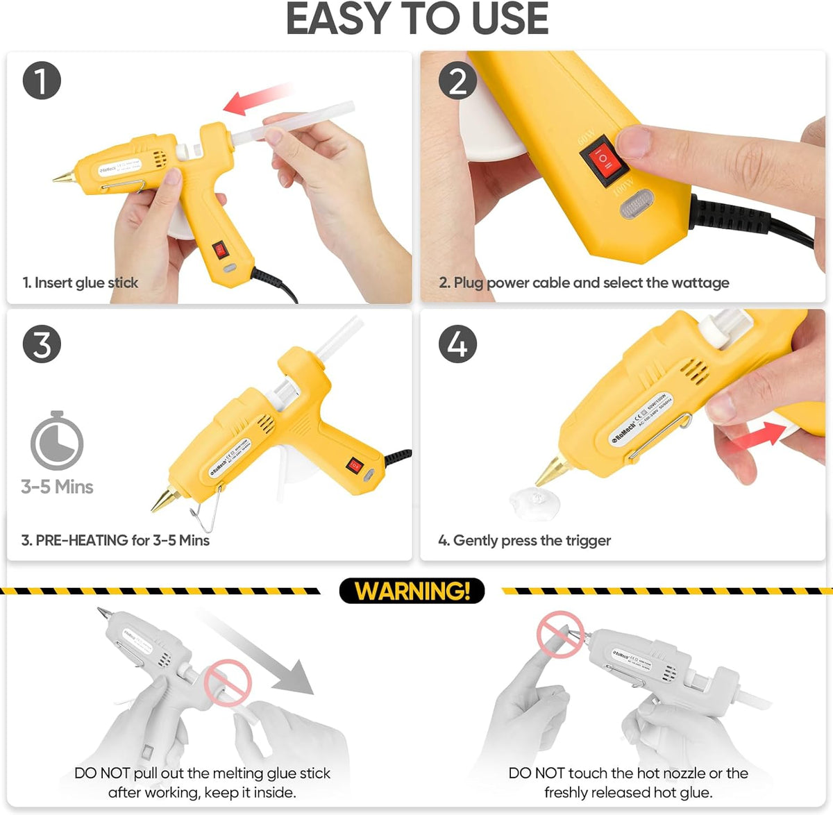 ROMECH Full Size Hot Glue Gun with 60/100W Dual Power and 21 Hot Glue Sticks (7/16"), Fast Preheating Heavy Duty Industrial Gluegun with Storage Case for Crafting, DIY and Repairs (Yellow)