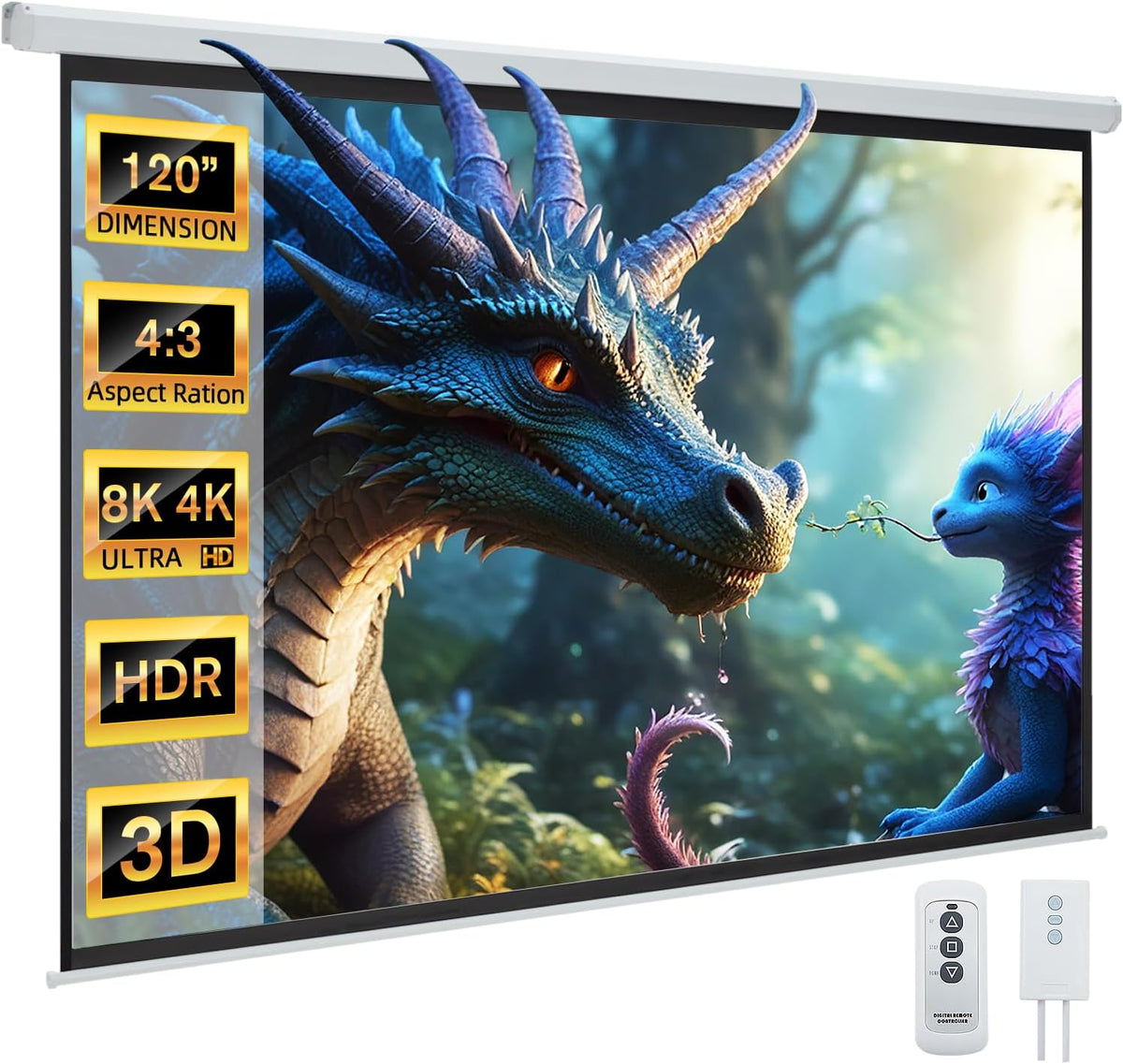 YODOLLA 120 inch Projector Screen Motorized,4:3 HD Retractable Electric Projector Screen 4K 3D Wall Mounted Ceiling Automatic Projection Screen Drop Down with Remote Movie Screen for Indoor Outdoor