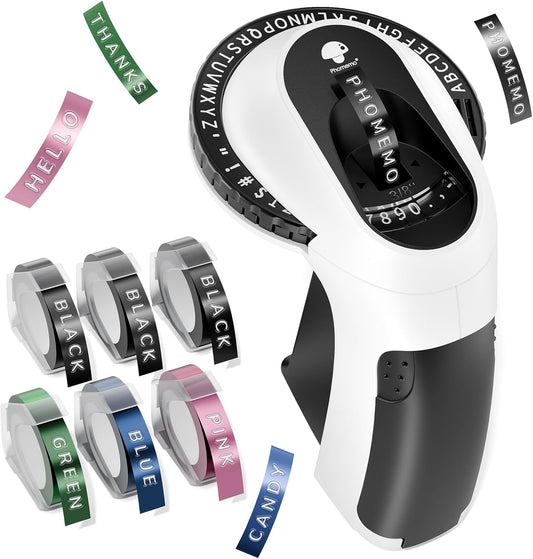 Phomemo Embossing Label Maker Machine, Vintage Embossed Label Maker, Retro Embosser Labeler with 6 Rolls Label Tapes, Old School Label Makers Waterproof for Home Office Kids DIY Crafting -Black