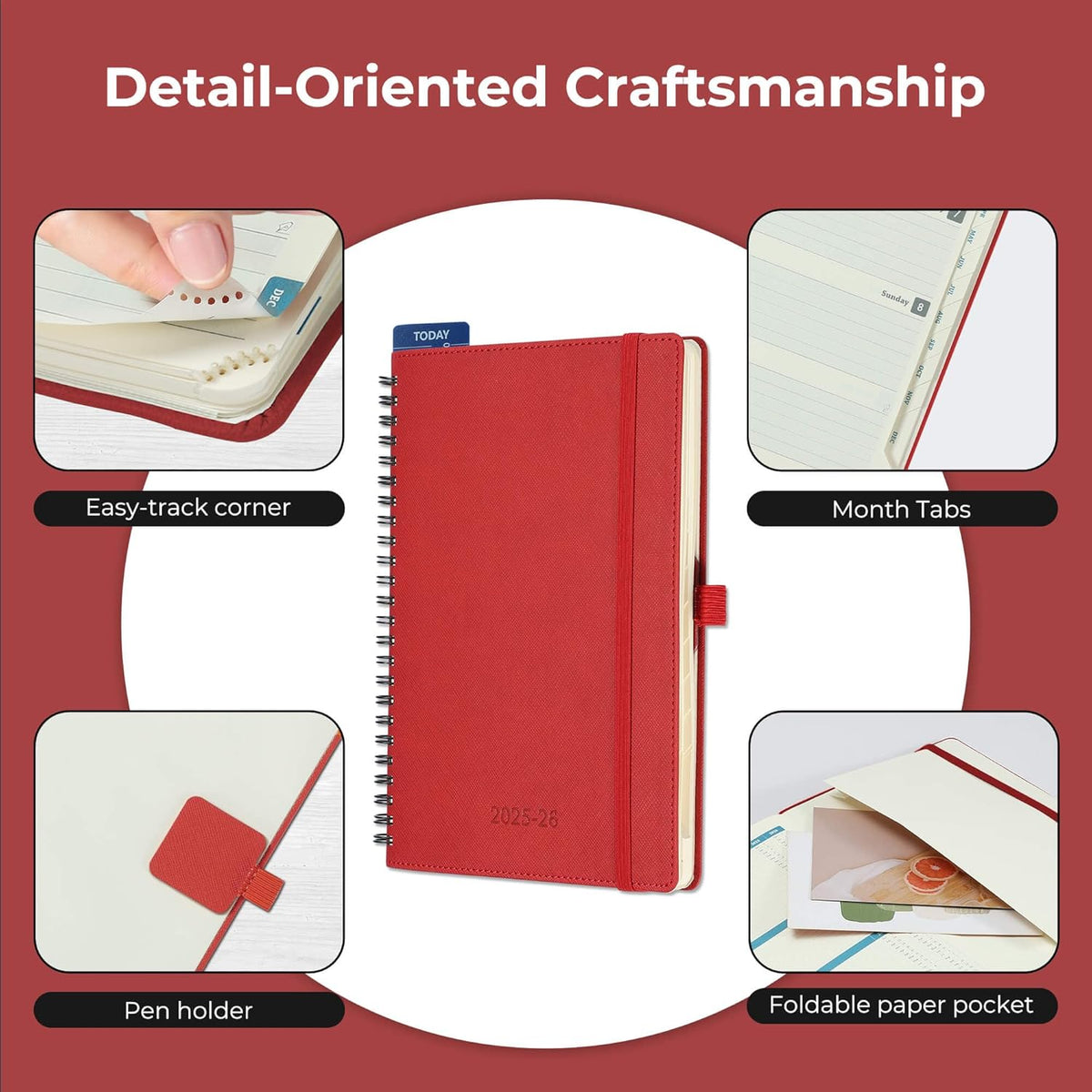 Planner 2025-2026 Daily Weekly and Monthly,8.5"x6.5",18 Months Spiral Bound Calendar Agenda with Self-adhesive Pen Holder,2026 Academic Plan with Vegan Leather Soft Cover,Red